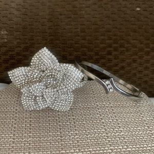 Bundle of 2 cuff style bracelets Crystal encrusted flower and 3 stone one